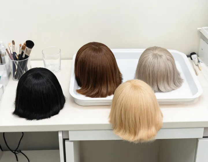 bob wig on a cosmetics bench, illustration only